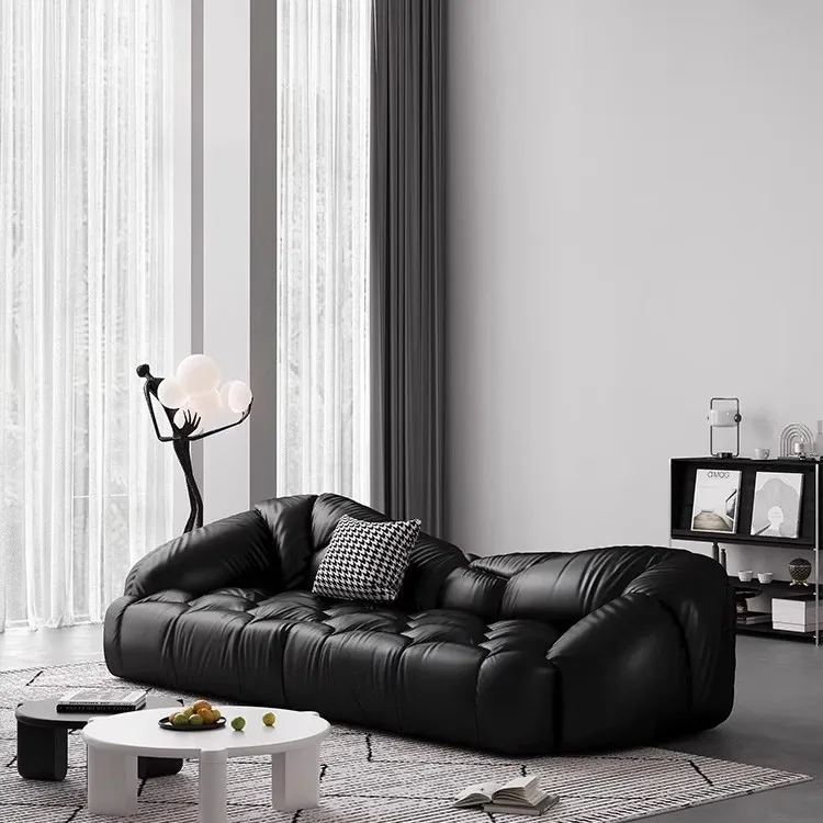 Living room sofa Italian minimalist leather sofa straight row three-person medieval Fengyun arc sofa