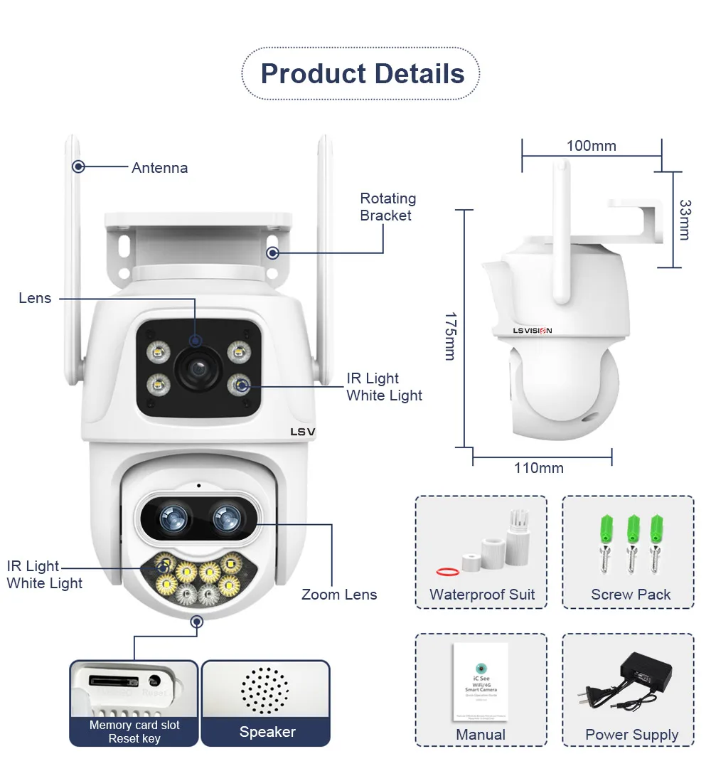 LS VISION 20MP 3-Screen 4-Lens 10X Optical Zoom WiFi Wireless Outdoor Security Camera PTZ with Auto-Tracking Surveillance Camera