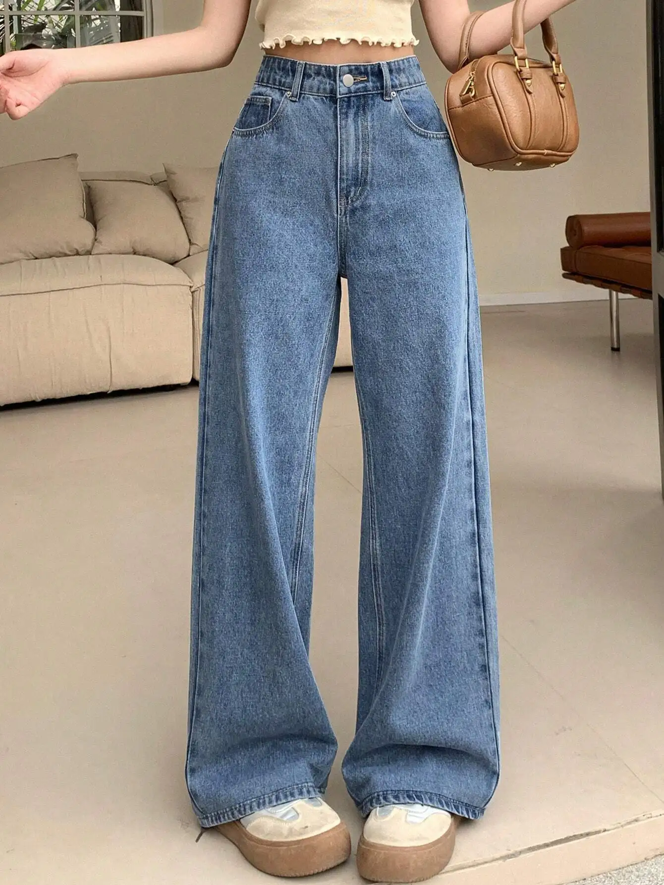 

Loose Fit Wide Leg Full Length Denim Jeans For Women