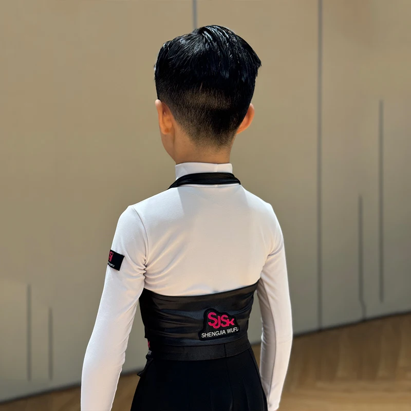 Boys Latin Dance Competition Clothing Leather Vest White Tops Black Pants Cha Cha Ballroom Dance Costume Stage Clothes DNV21123