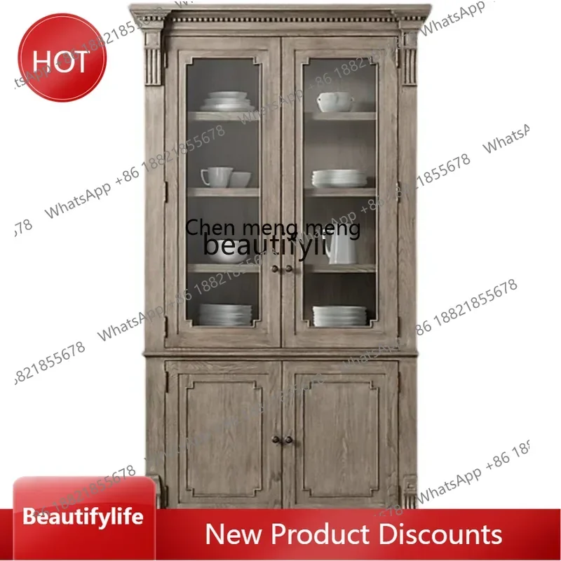 

xzAmerican-Style Solid Wood Bookcase Glass Door Display Cabinet Retro Double Door Cooler Dustproof Sideboard Cabinet Customizab