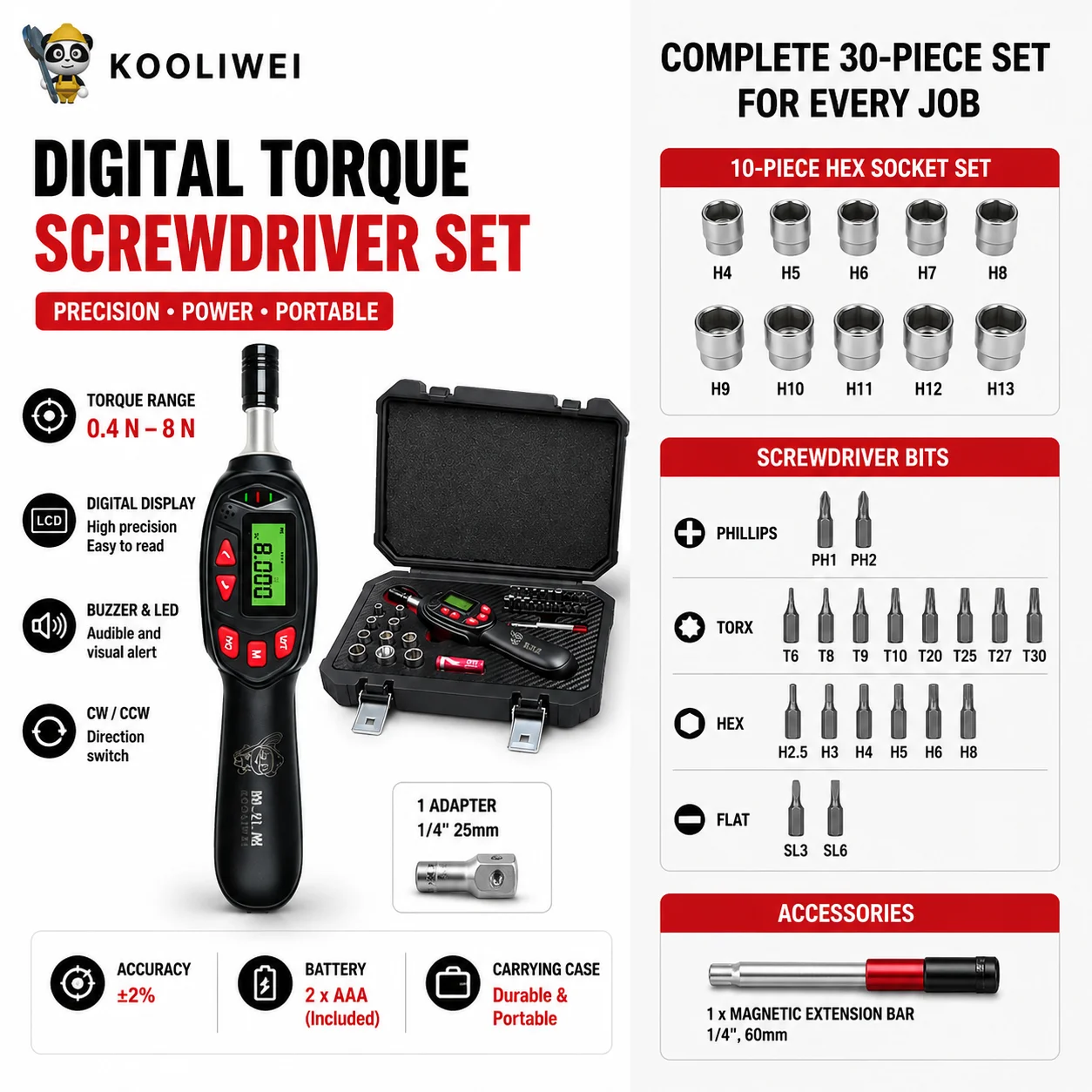 KOOLIWEI 32 Piece Digital Torque Wrench Set 1/4