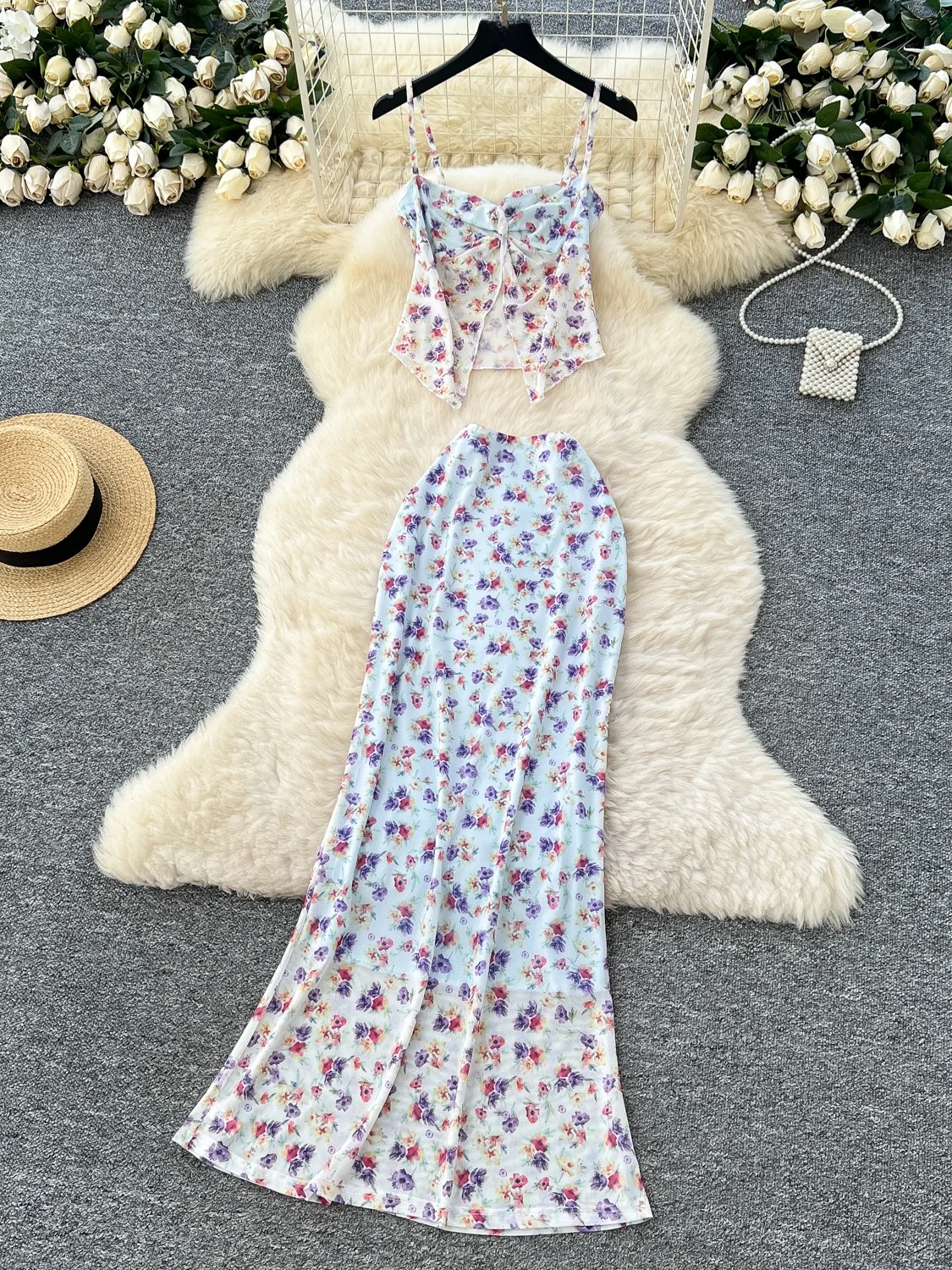 Summer Vaion Women's High Waist Floral ter Vest And  Skirt Two Piece Set Knot Slit Design ort Sve V Ne