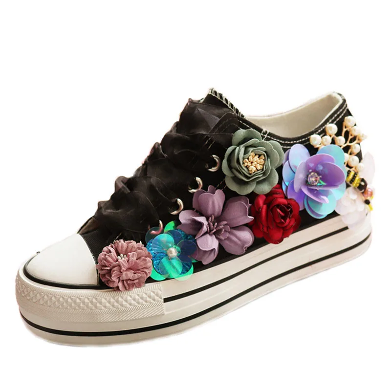 2022 Spring New Inner Increase 6cm Thick Soled Canvas Shoes Women\'s 3D Flower Black Single Shoes Canvas Handmade