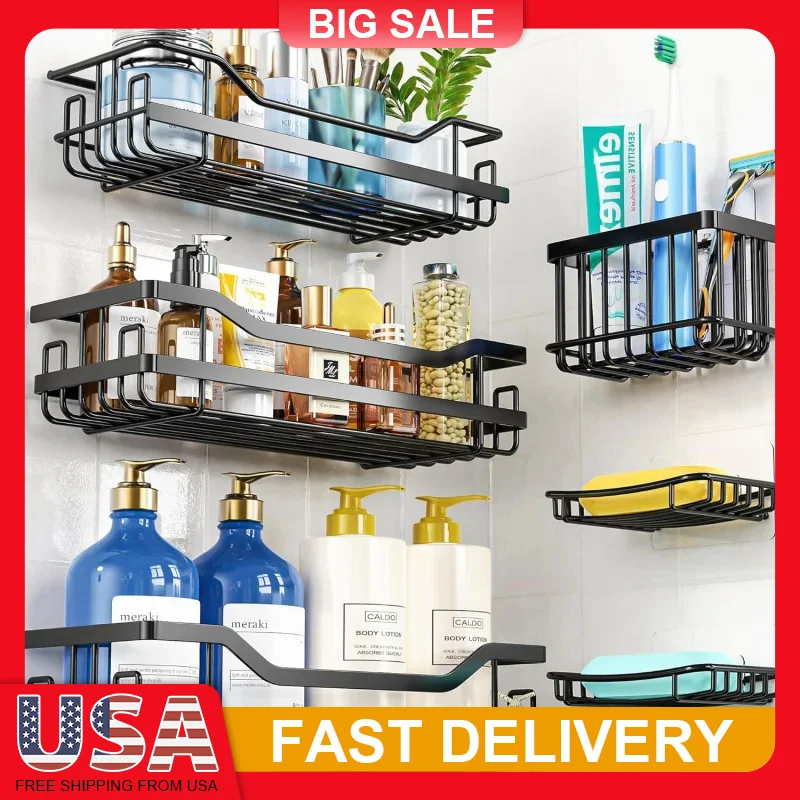 

6 Pack Stainless Steel Shower Caddy Organizer Set No Drill Adhesive Bathroom Shelves Soap Holder Heavy Duty Rustproof Storage