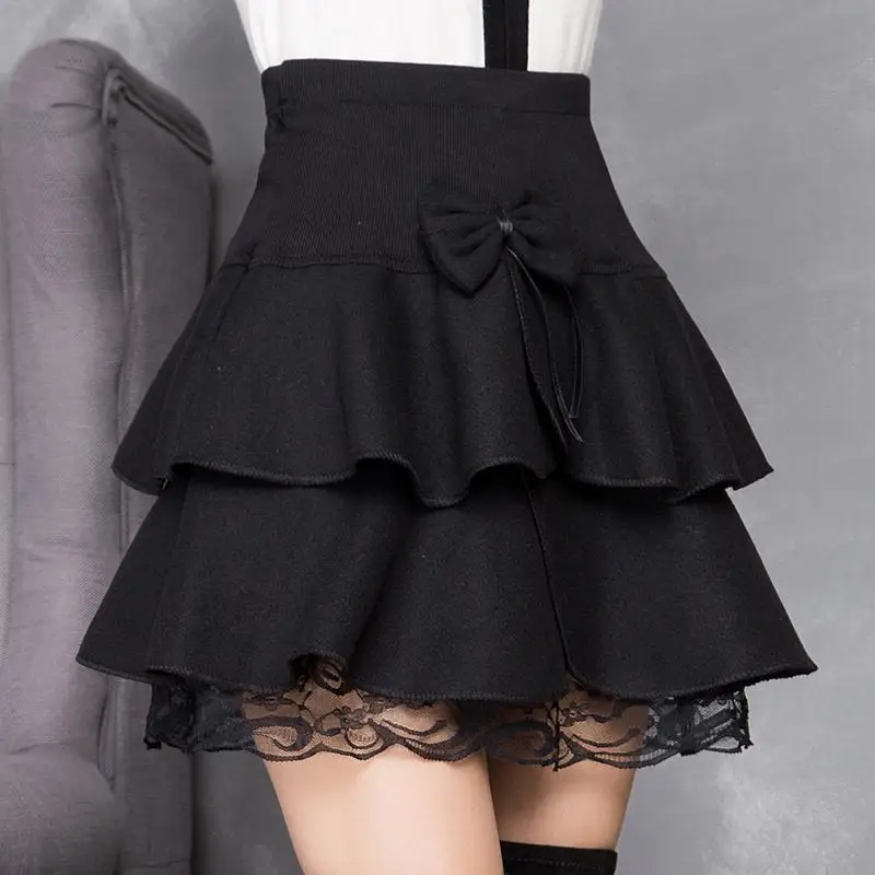 New Half-length Skirt, Bow Tie, High-waisted Woolen Lace Skirt, A-line Puffy Half-length Cake Skirt for Women