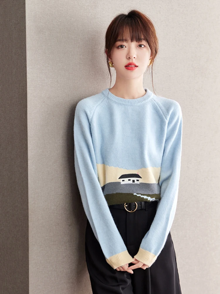 Autumn Winter Fashion Jacquard Pattern Pullover Sweater Casual Round Neck Contrast Color Pullover Knitted Tops