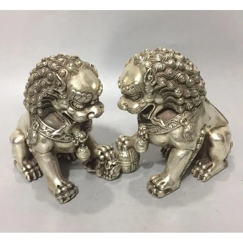 1 Pair Tibetan White Copper Lion Statue Chinese Vintage Copper Ware Feng Shui Figurine Home Decor Collectible Craft