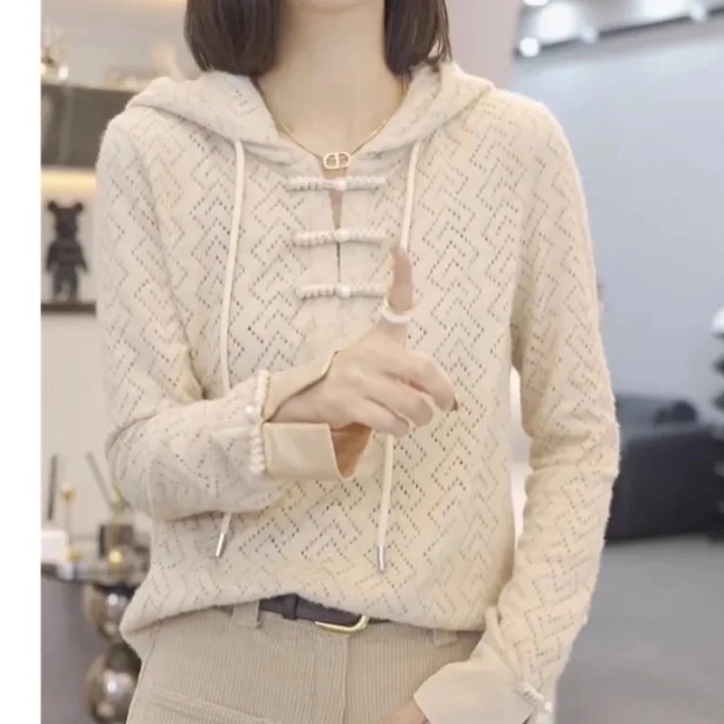 

Spring Small Fragrant Pullover Women French Fashion Hooded Long Sleeved Lace Shirt Lady New Leisure Tops Loose Hooded Sweater