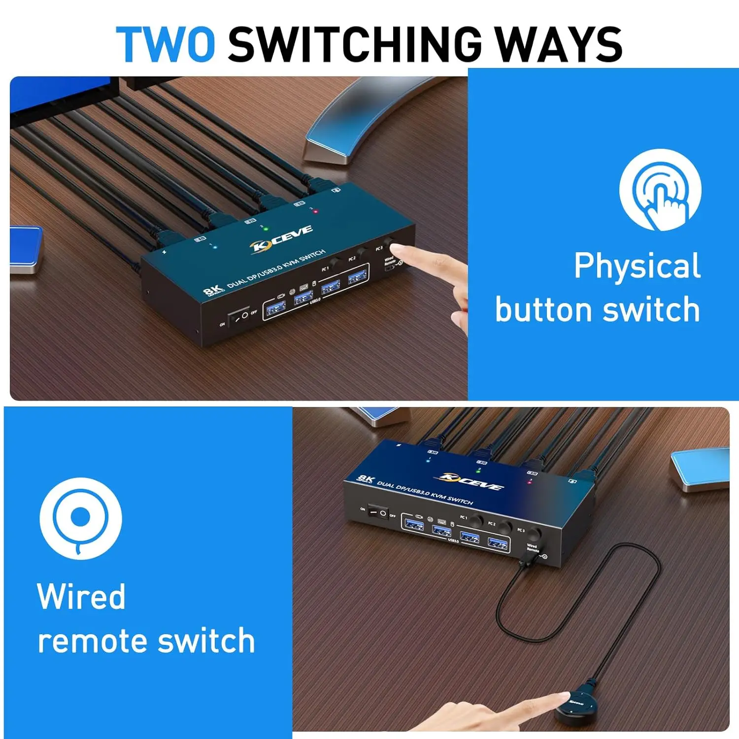 Imagem -05 - Kceve-monitor Duplo Kvm Switch Usb 3.0 Displayport Monitores Computadores 8k @ 30hz 4k @ 144hz Compartilhar Monitor