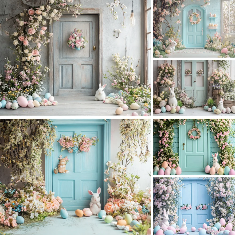 

Happy Easter Backdrop Spring Easter Flowers Rustic Wooden Door Colorful Eggs Floral Baby Shower Photography Background Decor