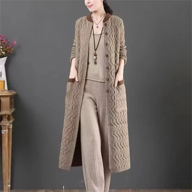 2024 Autumn Winter Long Thick Knitted Sweater Women's Loose Jacket Long Over Knee Cardigans Sweaters Single Breasted Knit Jacket