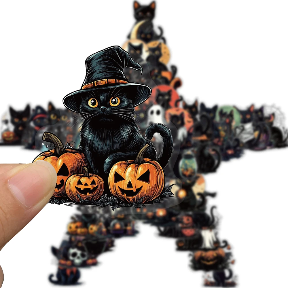 50/100PCS Halloween Black Cat Sticker Nostalgia Suitcase Luggage Skateboard Cute Laptop Gradient Home Decoration Sticker