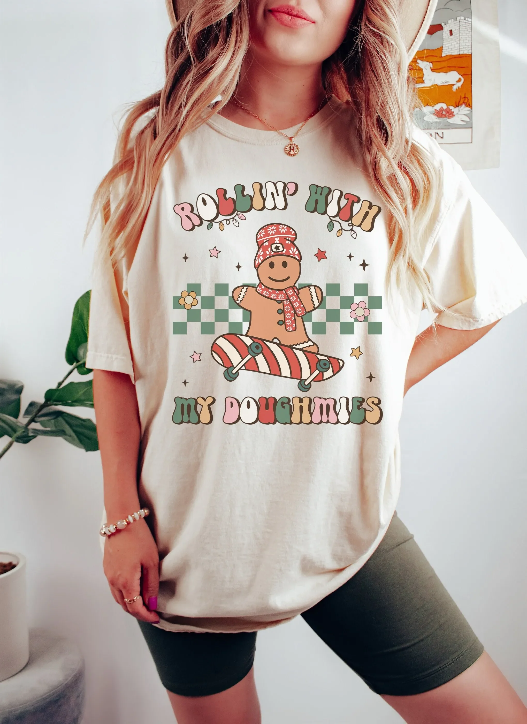 Retro Christmas T Shirt Comfort Colors Rollin With My Doughmies Gingerbread Groovy Holiday Apparel Pjs