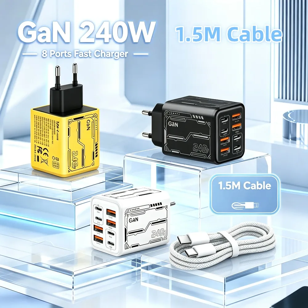 8‑in‑1 GaN 240W PD Desktop Charger 4PD 4USB Multi‑Port Power Adapter For iPhone 16 Xiaomi Samsung Notebook EU US Plug