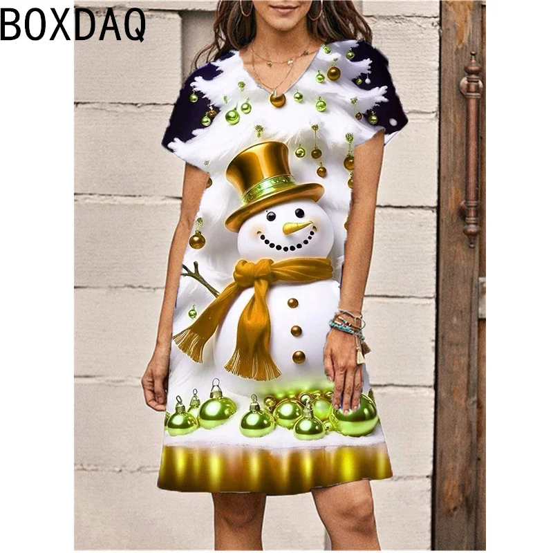 New Women\'s Christmas Dress 3D Cartoon Fun Snowman Print Mini Dress Short Sleeve V-Neck Casual A-Line Dress Vestidos