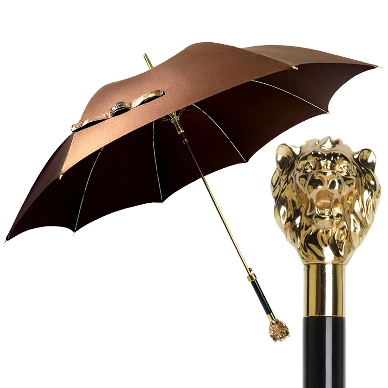 Golden Lion Head Straight Rod Umbrella British Style Retro  Coffee Clear Luxury Trendy Sunshade Upscale Satin Rain Gear