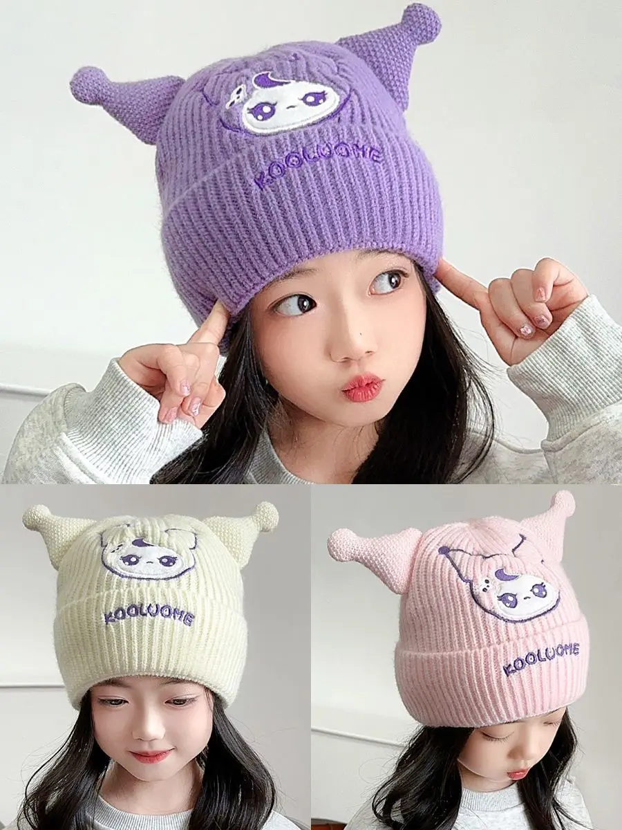 

Kuromi Anime Kawaii Sanrio Ins Baby Warm Hat Cute Cartoon Kuromi Winter Thick Children Ear Protection Cap Gifts for Kids