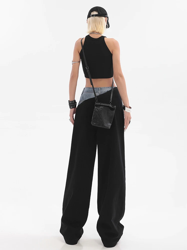 ReddaChic Color Block Wide Leg Denim Pants Women Creative Patchwork Casual High Waist Hiphop Baggy Jeans Vintage Y2k Streetwear