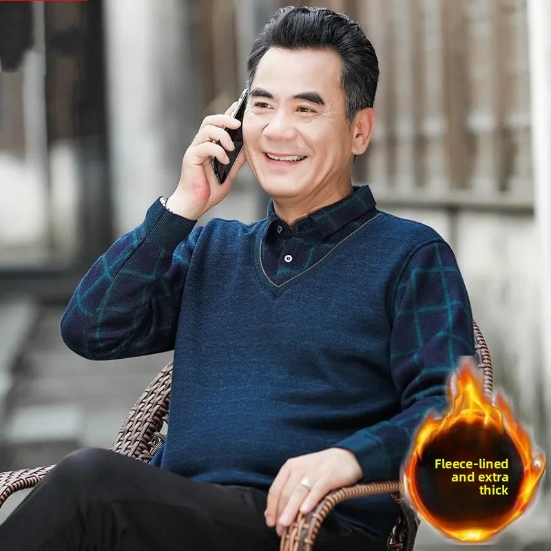 

Новый зимний вязаный свитер для мужчин среднего возраста: утепленный, теплый, повседневный, из хлопковой пряжи, для отцов