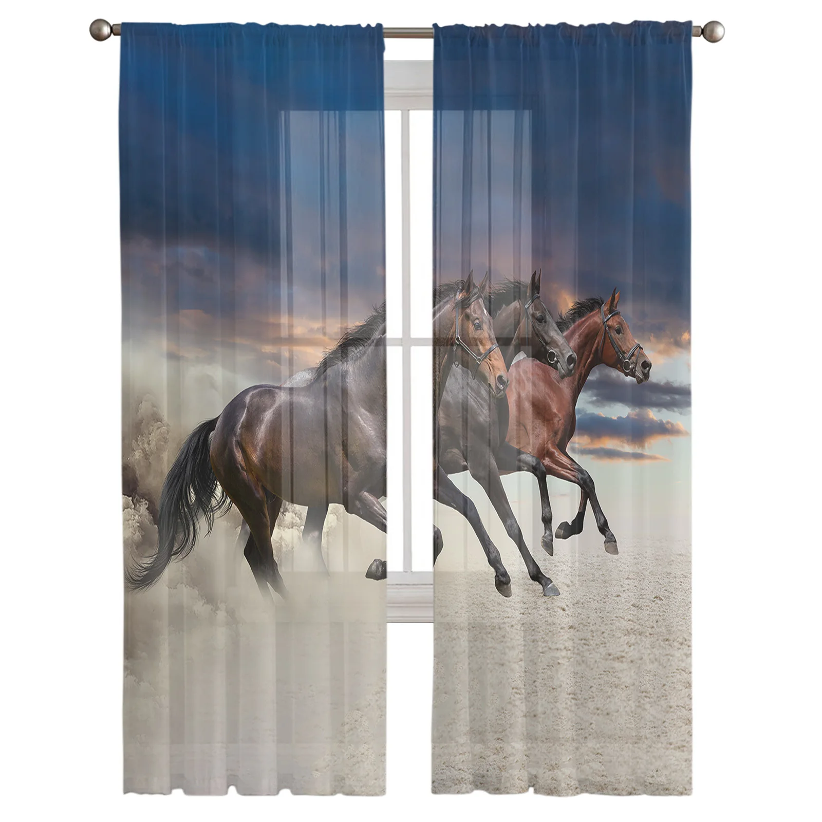 Three Wild Horses Galloping In The Desert Tulle Curtains for Living Room Bedroom Modern Kitchen Sheer Curtains for Voile Curtain