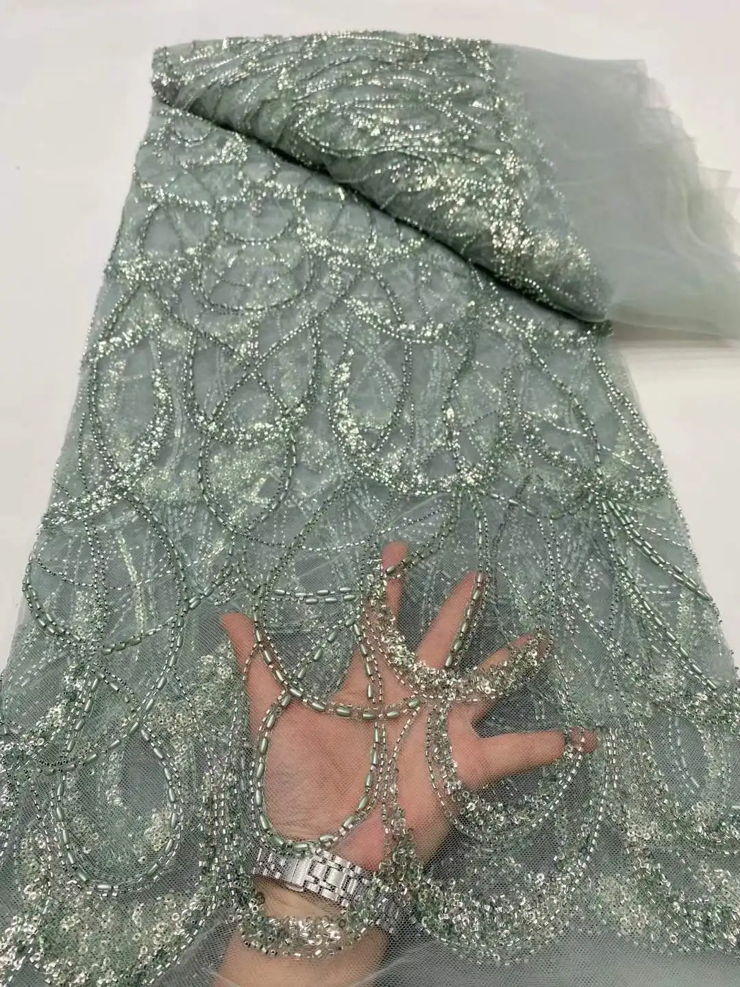 

2025 High Quality African Nigerian Tulle Lace Fabric Sequins Embroidery French Guipure Wedding Party Dress Beaded 5Yards