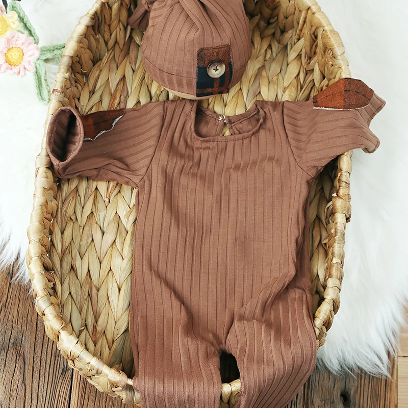 Ylsteed Newborn Photography Clothes Baby Boy Patchwork Jumpsuit Hat Set Baby Photography Props Newborn Shooting Outfit