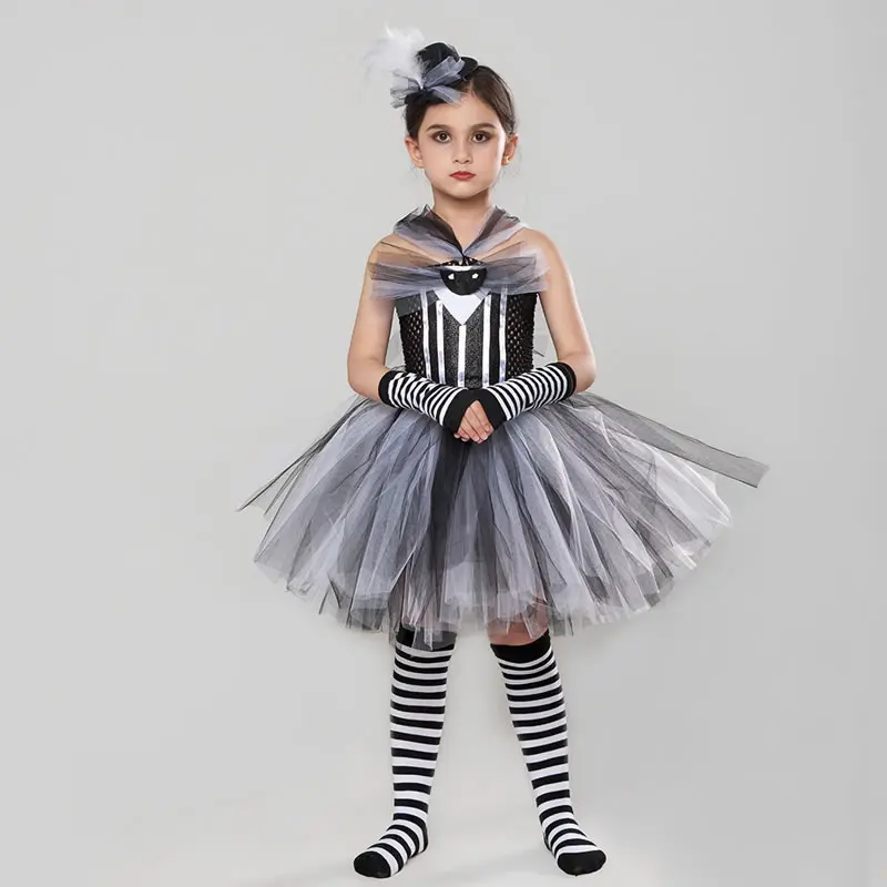 Christmas Costume For Baby Girl Lace TUTU Dress Jack Skellington Kid Up Sling Frock+Headband 2pc Set Tunic