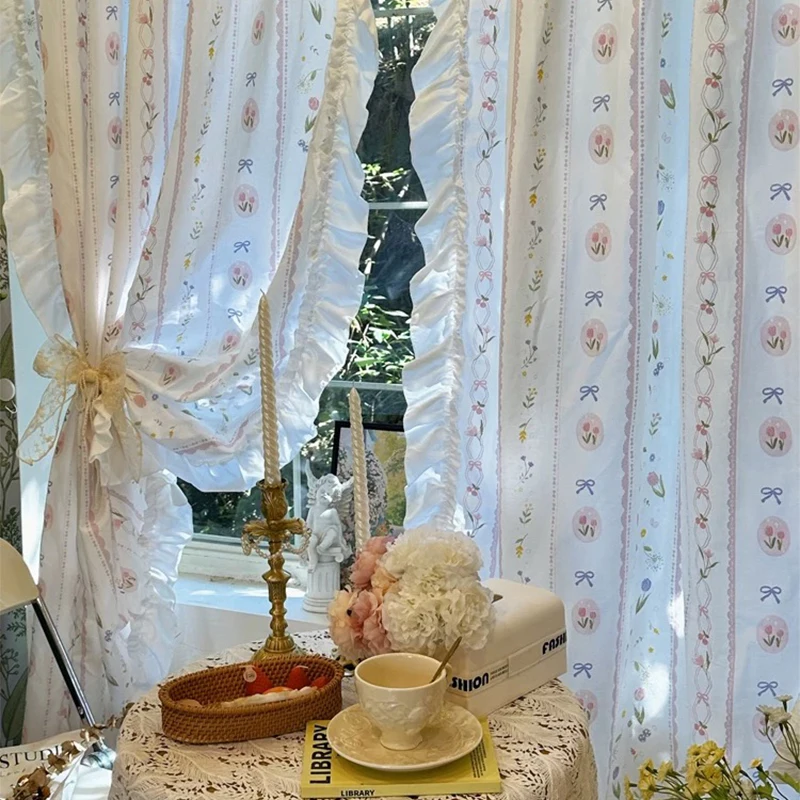 Idyllic French Retro Flowers Door Curtains Cloth for Living Room Floral Warp Ruffled Curtains for Kitchen Sweet Curtains #A641