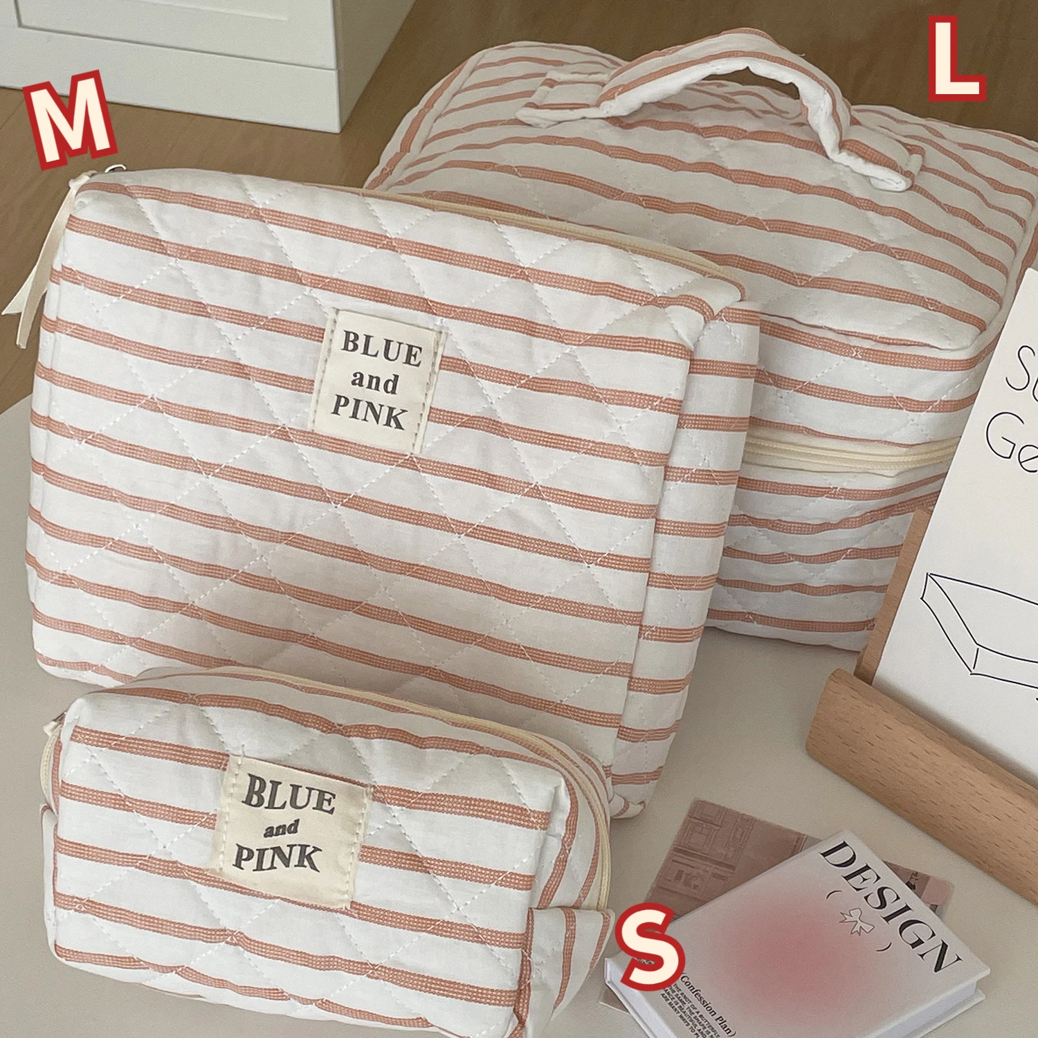 Simple Stripe Women\'s Quilted Cosmetic Bag Portable Travel Wash Bags Makeup Case Large Capacity Female Soft Storage Bag Handbags