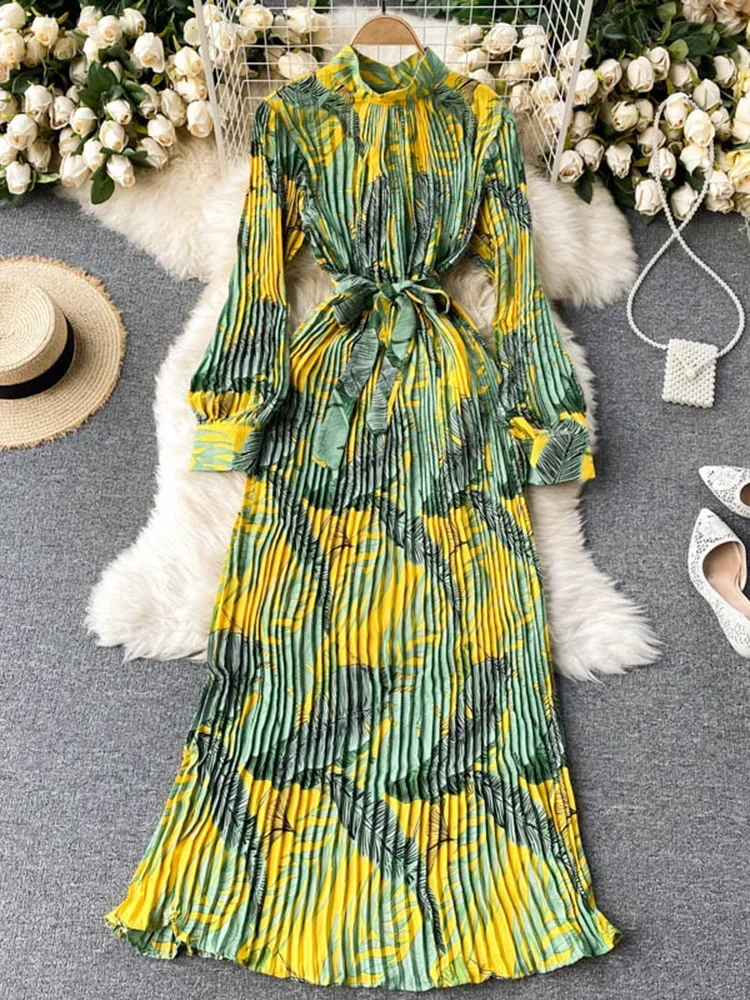 New Spring Retro Print Pleated Long Maxi  Dress Femininity Small Stand-up Collar Puff Sleeve Slim Holiday Dress C293