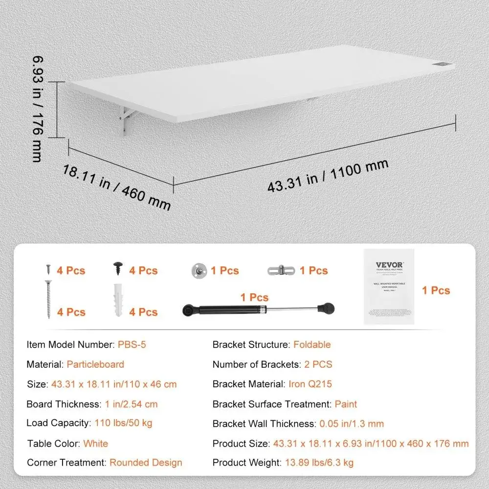 Compact Wall Mounted Folding Table 43.31x18.11, Drop Leaf Floating Desk with Iron Bracket, Space-Saving for Home Office, Kitchen