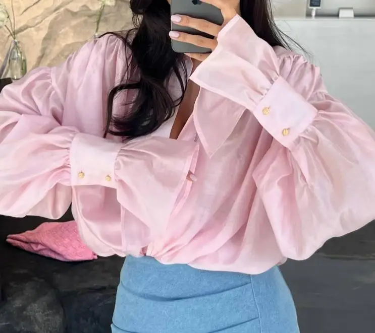 Women\'s Shirt Sweet Trendy Solid Color Turn-down Collar Button Decor Lantern Long Sleeve Blouse Loose Fit Cardigan Dress Shirt