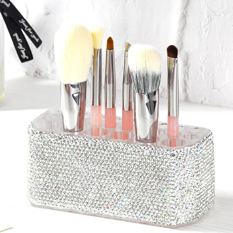 26 Holes Rhinestone Makeup Brushes Storage Box Acrylic Eyebrow Pencil Eyeliner Display Shelf  Desktop Organizer Makeup Tools