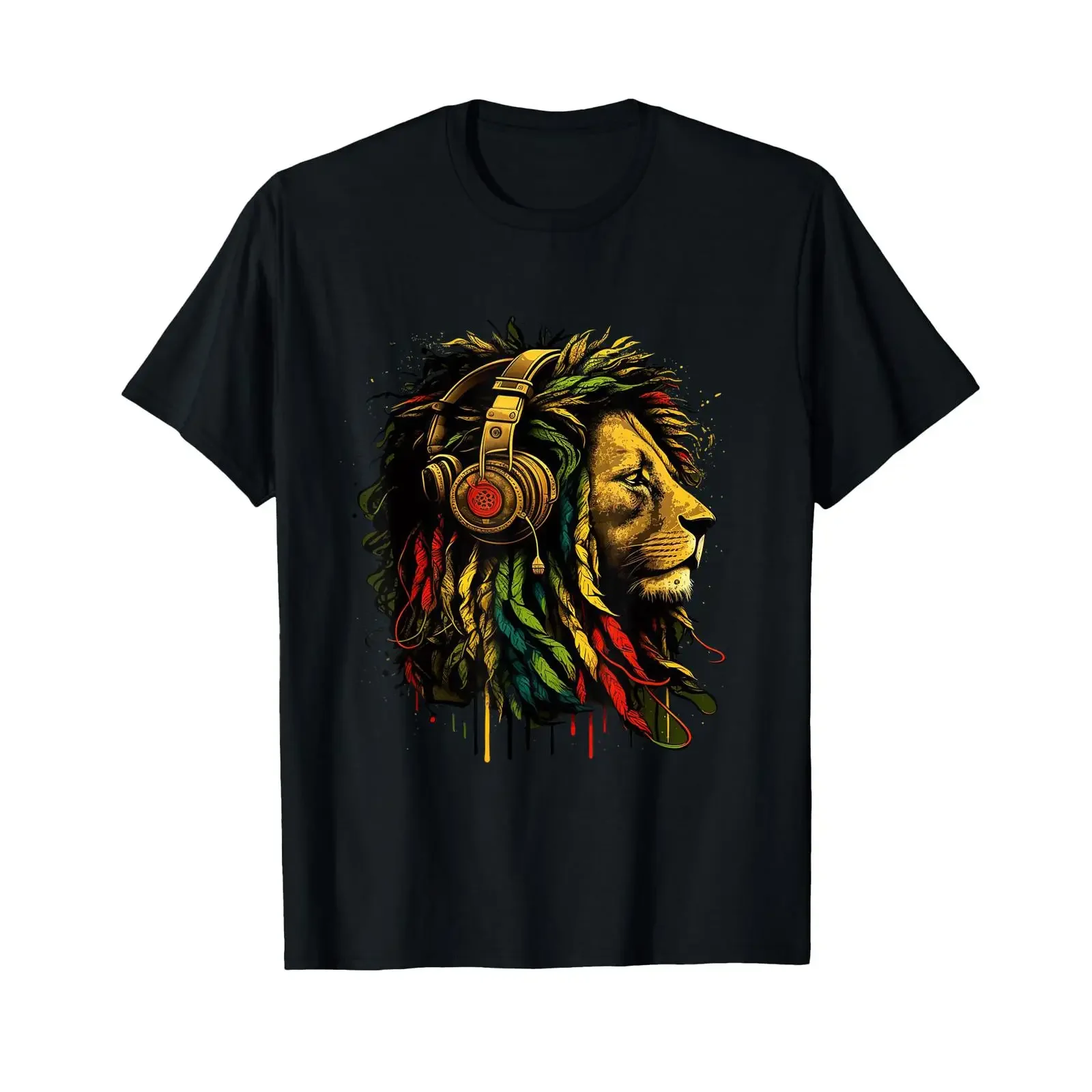 Rasta Reggae Music Headphones Jamaican Pride Lion of Judah T Shirt vintage Washed graphic Breathable Comfortable Stylish