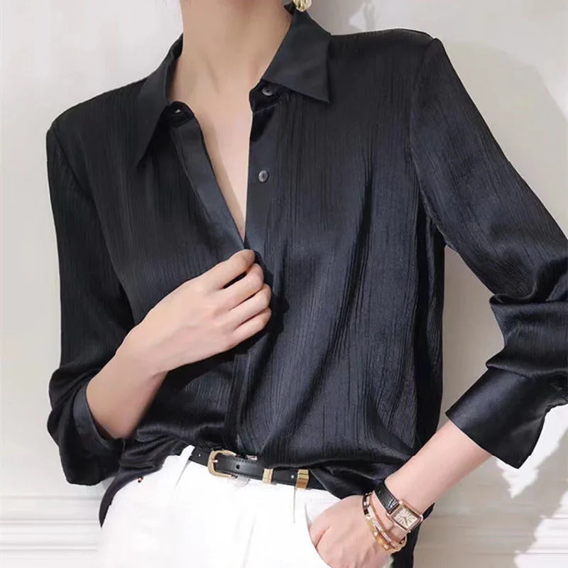 

High-End Faux Satin Long Sleeve Shirts Women Black Loose Elegant Office Lady Work Wear Blouses Spring New Thin Chiffon Shirt