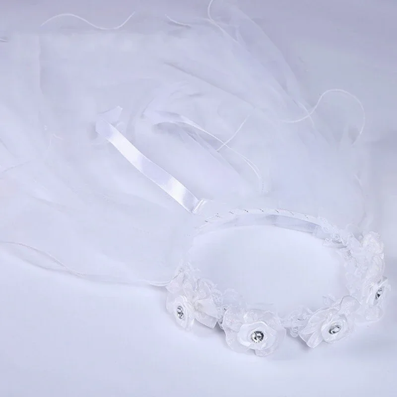 Children Little Princess Hairband Double Layers Tulle Bridal Veils Flowers Garland Ruffles Floral Lace Wedding Party Wreath