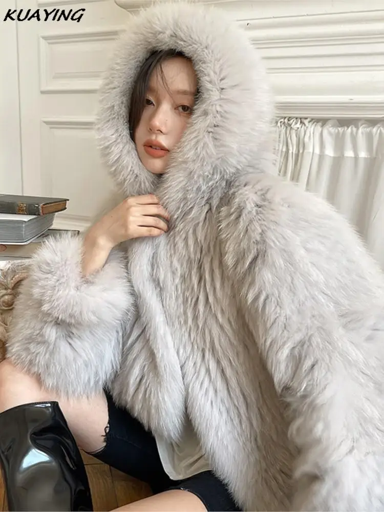 Women's Hooded Faux Fur Coat Fashion New Loose Office Lady Runway Winter Jacket Outerwears Warm Overcoat Casual Female Clothing