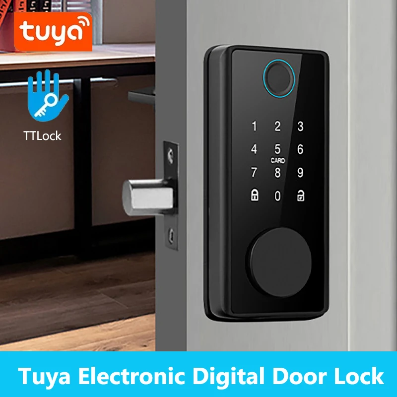 قفل ديدبولت ذكي ببصمة الإصبع مع مزلاج/مستشعر الباب TT قفل التطبيق كلمة المرور/البطاقة/مفتاح فتح قفل الباب الخشبي الكهربائي تويا
