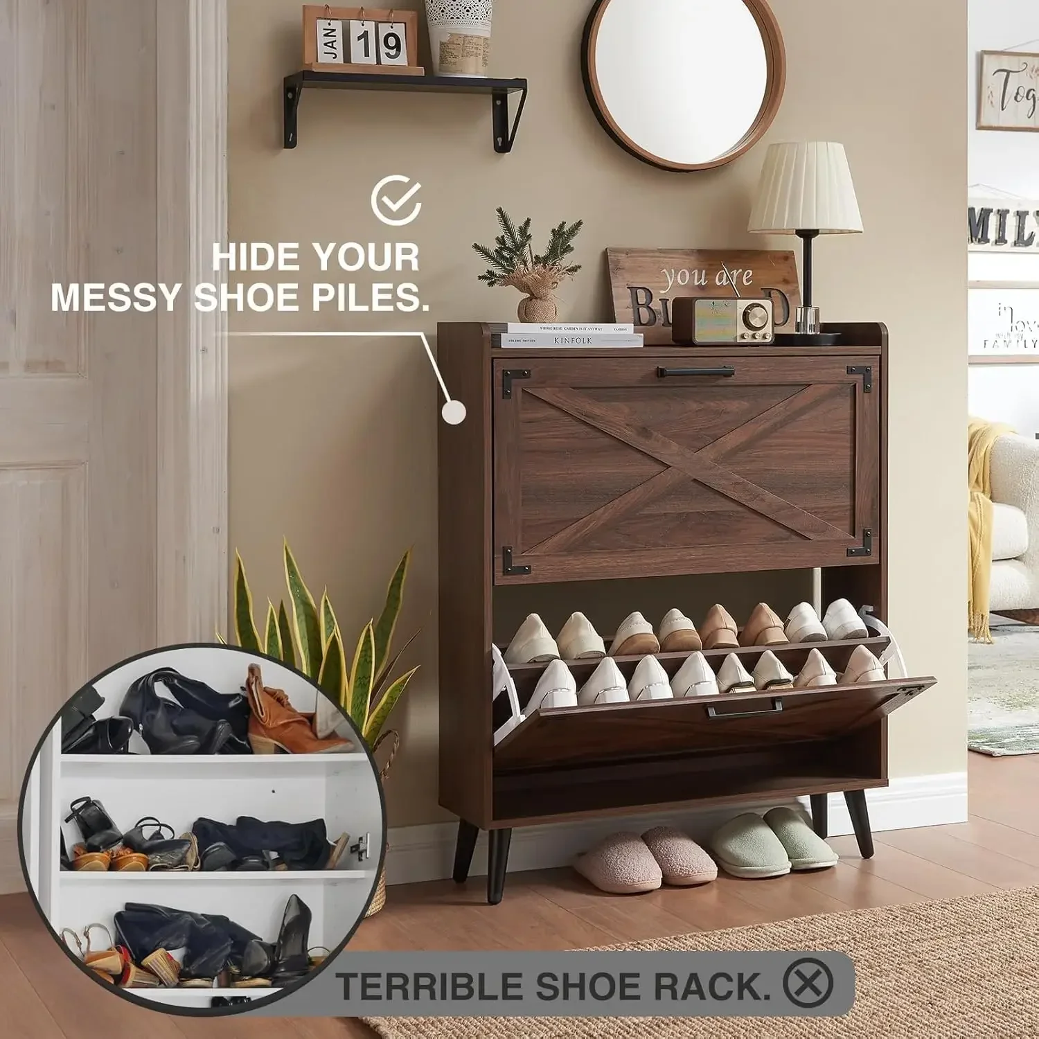 StorageShoe Organizer with 2 Flip Drawers & Barn Door  Hidden Slim Narrow Shoe Rack