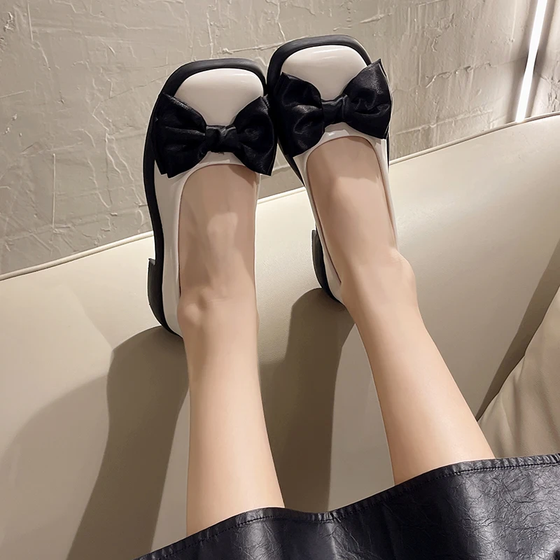 Shoes Woman Flats Casual Female Sneakers Slip-on All-Match British Style Oxfords Bow-Knot Square Toe Shallow Mouth Dress Slip On