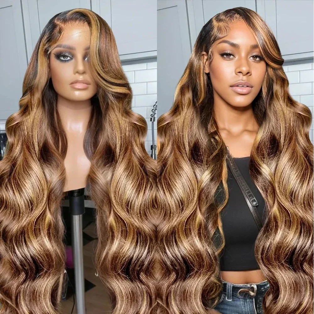 P4/27ブロンドブラウンウィッグ13x6レースフロントウィッグカラーヘア女性用13x4 HDハイライトオンブレボディウェーブウィッグ人毛