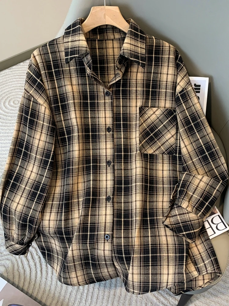 

Retro Hong Kong Style Long Sleeve Plaid Shirt Loose Women's Outerwear Spring Autumn plus Size Top Comfortable Fit