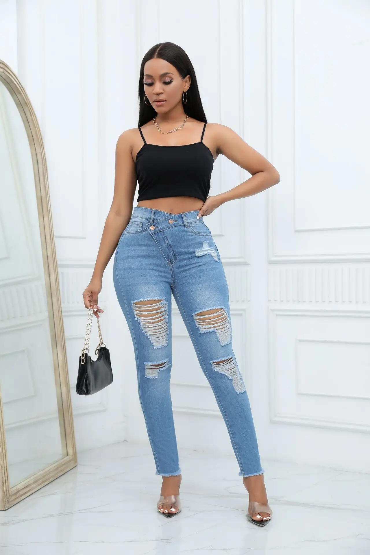 2023 Autumn New Women's High Waist Ripped Jeans Fashion Diagonal Button High Stretch Denim Pencil Pants Casual Ladies Clothing