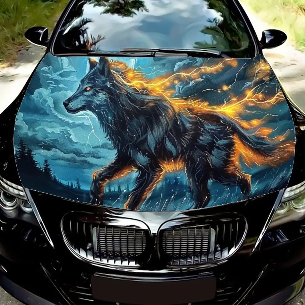 Running Starry Sky Flame Wolf Car Hood Wrap Color Vinyl Sticker Truck Graphic Bonnet Auto Accessories Decoration Decal Gift