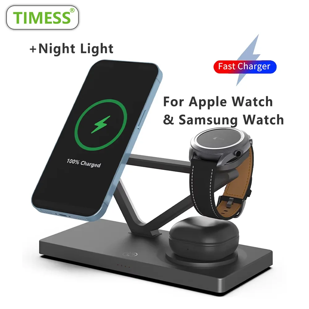 

Беспроводная зарядная станция TIMESS 3-в-1 для iPhone 17, 16, 15, 14, AirPods 2, 3, Pro, Apple Watch и Galaxy Watch