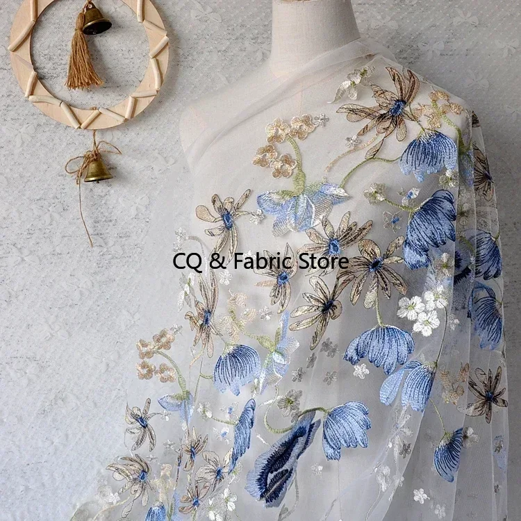 Mesh Blue Embroidery Lace Fabric Gold Thread Embroidery Lace Fabric for Wedding Dress Veil Curtain Decoration