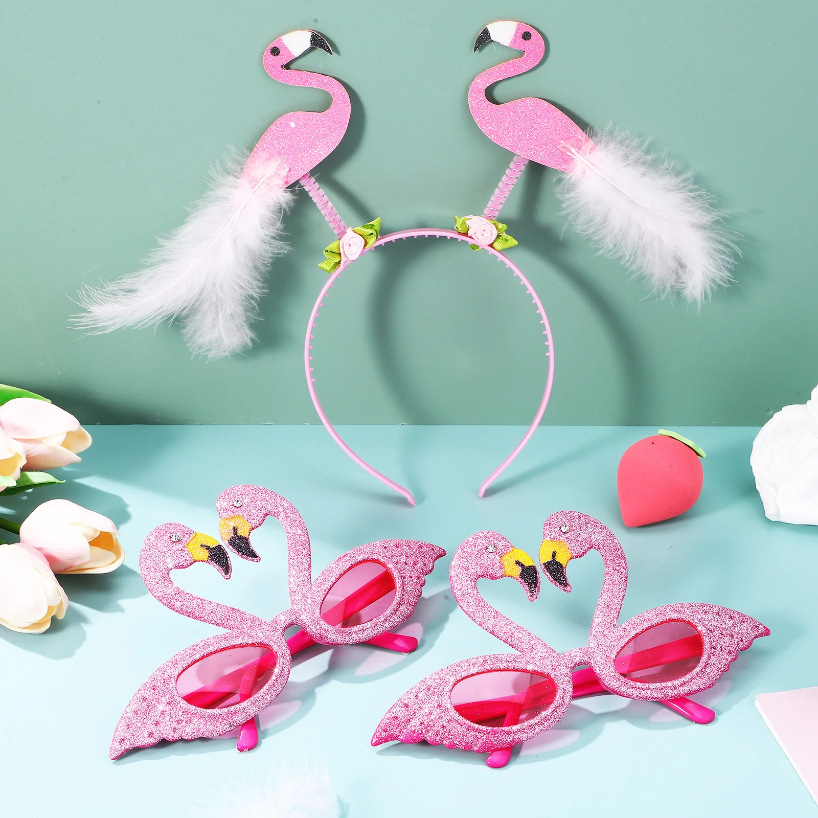 

1 set Flamingo Party Set Headband Glasses Fun Photo Booth Props Tropical Costume Decorations for Women Teen Girls Rave Events