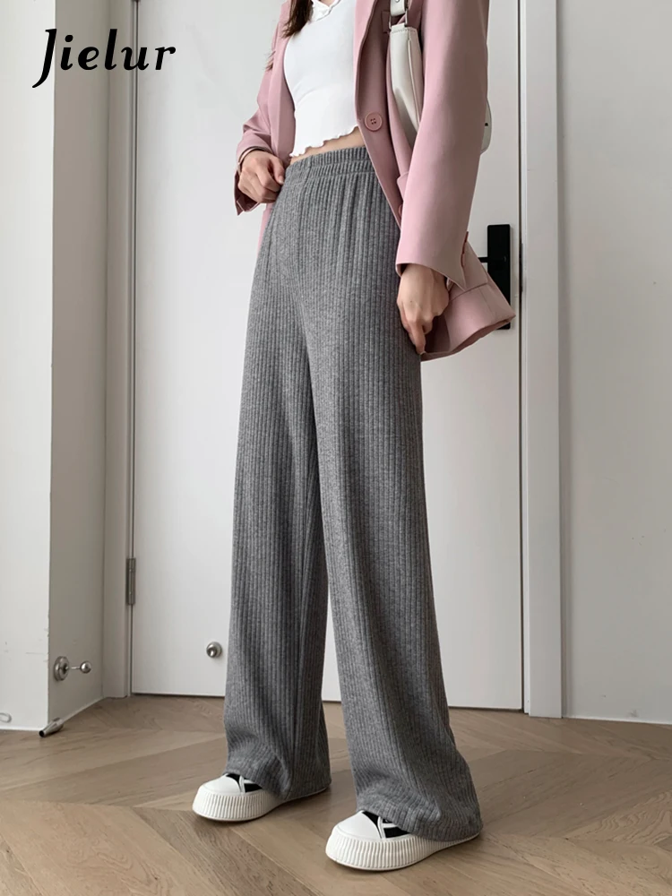 Jielur Pit Strip Knitted Pants Women Autumn Korean Loose Drape Wide Leg Pants Female Chenille Straight Gray Black Trousers S-XXL