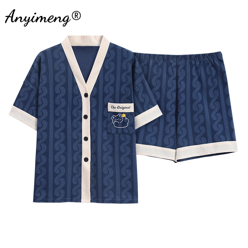 Summer Women Cotton Pajamas Set Kimono V-neck Casual Sleepwear Leisure Loungewear Cute Cartoon Girls Pijama Plus Size Homewear